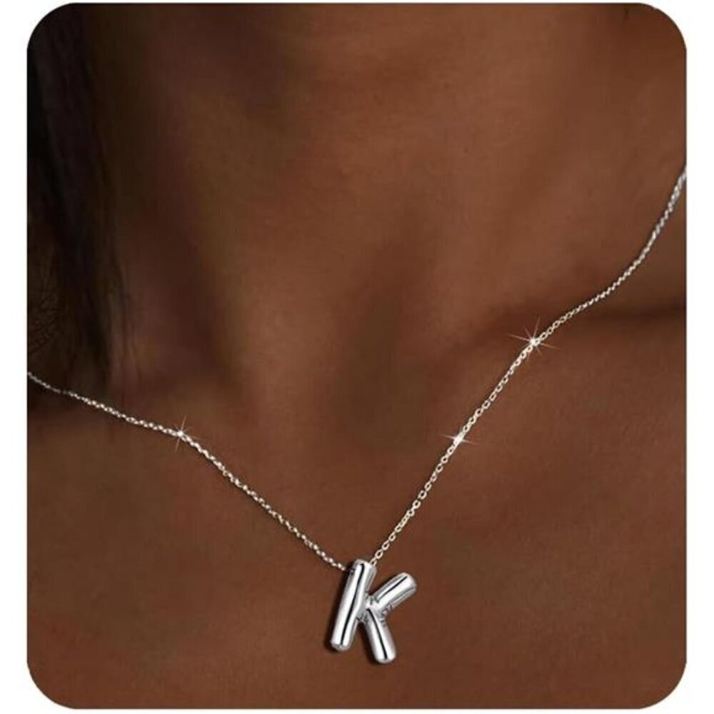 Silver Initial Pendant Necklace – Personalized Letter “K” Trendy Stuffed Bubble
